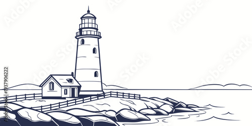 A majestic lighthouse standing tall on a rocky coastline with waves crashing below Vector