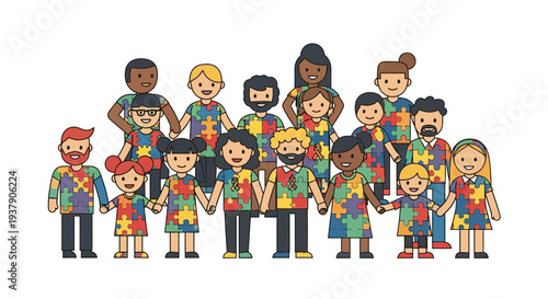 Diverse group of people standing together in a vibrant community gathering illustration