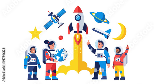 Children in astronaut suits standing near a rocket launch with space elements around them