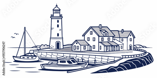 A picturesque lighthouse standing tall on a rocky shore with a cozy house nearby Vector