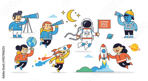 Children and Astronomers Exploring Space with Telescopes and Rockets in a Whimsical Illustration