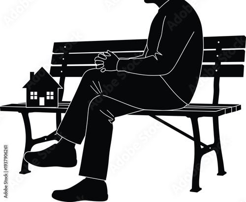 Black silhouette of a man sitting alone on a park bench next to a small house icon representing real estate housing or homelessness