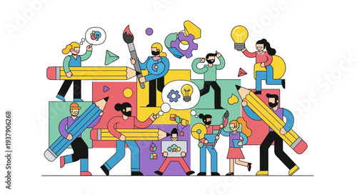 Creative people working together on art projects with colorful pencils and tools from different viewpoints