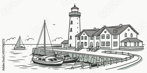 A serene lighthouse standing tall by the calm sea with a small boat nearby Vector