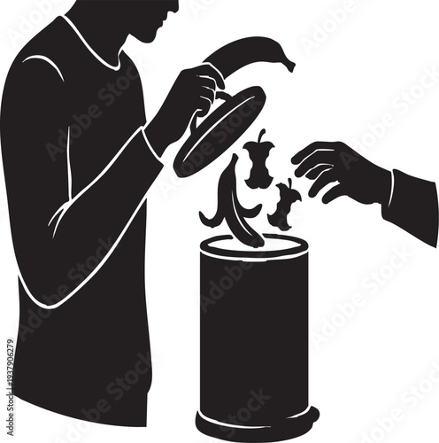 Person Dropping Food Scraps into Countertop Compost Bin, Home Composting Silhouette