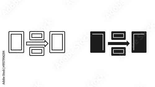 Document transfer icon, workflow process, data migration, input and output symbols, line and solid illustration