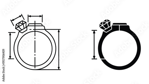 Diamond Engagement Ring Dimensions and Icon - Technical Drawing and Silhouette