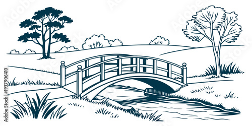 A serene landscape featuring a wooden bridge over a tranquil stream Vector