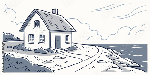 A quaint house by the lake with a winding road leading to it Vector