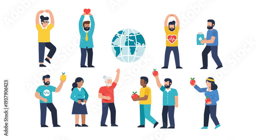 Diverse community celebrating global unity with joyful gestures and symbolic actions around the world