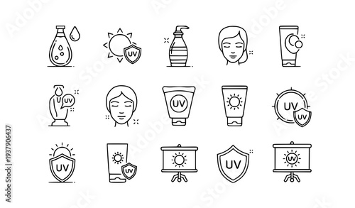 Skincare and UV Protection Linear Icons – Editable Vector