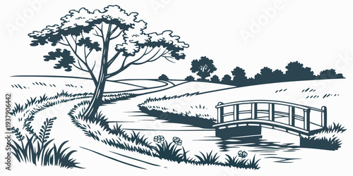 A serene landscape with a lone tree standing tall on a grassy hillside Vector