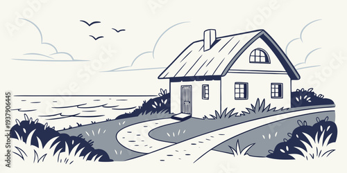 A serene landscape with a house, trees, and a body of water under a clear sky Vector