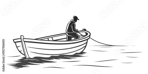 A lone figure rows a small boat across a vast, tranquil body of water. Vector