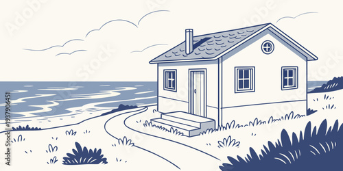 A serene seaside house with a view of the vast ocean and a clear sky. Vector