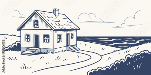 A charming house by the water with a picturesque landscape and a clear sky Vector