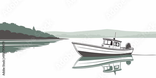 Two boats sailing on a calm body of water with a distant shoreline Vector