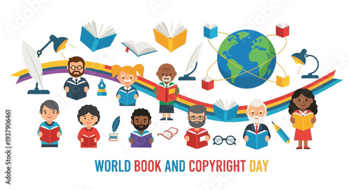 Diverse People Celebrating World Book and Copyright Day with Books and Globe Illustration