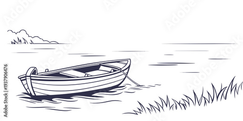 A small boat resting on the shore of a calm lake with mountains in the distance Vector