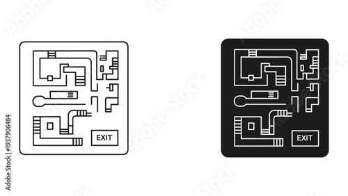 Fotografie Maze Map with Exit Sign, Line Art and Silhouette Icons, Vector Illustration