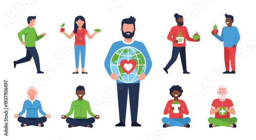 A diverse group of people practicing yoga and exercising outdoors with a central figure holding a globe with a heart, promoting wellness and environmental awareness from a panoramic viewpoint