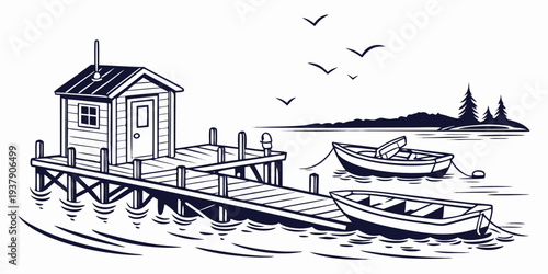 A picturesque village scene with a river, bridge, and distant mountains under a clear sky. Vector