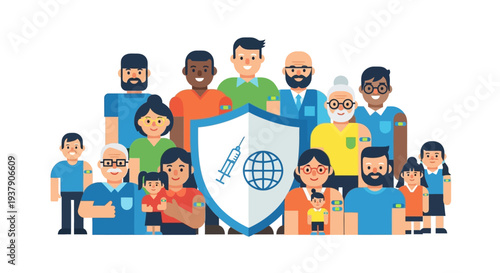 Diverse group of people gathered around a shield symbolizing global unity and protection