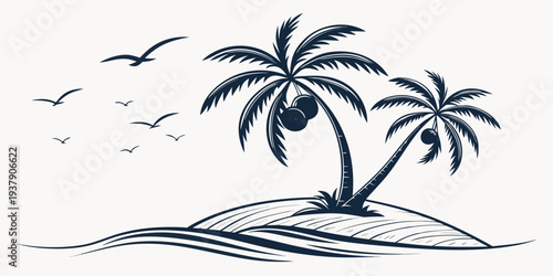 A serene tropical island with palm trees and birds flying overhead Vector