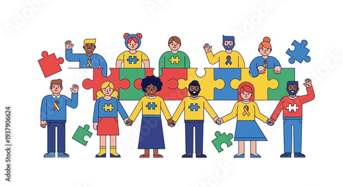 Diverse group of people holding hands and assembling colorful puzzle pieces together in a collaborative effort