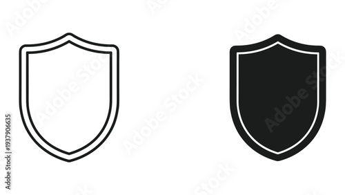 Shield Icon Set: Outline and Solid Black, Symbol of Security, Protection, Safety, and Defense