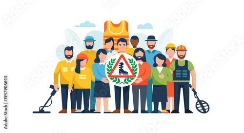 Diverse group of people standing together holding various tools and a central emblem.