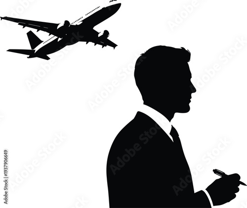 Black silhouette of a professional businessman in a suit holding a pen with an airplane taking off in the background for travel concepts
