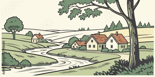 A serene landscape with a winding river and a cluster of quaint houses Vector