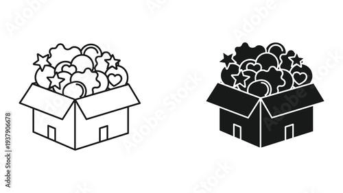 Open Cardboard Box Filled with Various Shapes and Stars - Line Art and Silhouette Icons