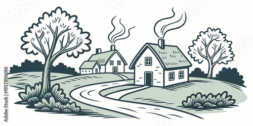 A charming countryside scene with a house, trees, and a winding road Vector
