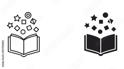 Open Book with Geometric Shapes and Stars Flying Out, Line Art and Silhouette Icons