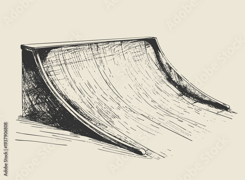 Skate park ramp detailed hand-drawn illustration in urban ink sketch style featuring line art and street sports aesthetics. Perfect for skateboarding, extreme sports branding, youth lifestyle posters.