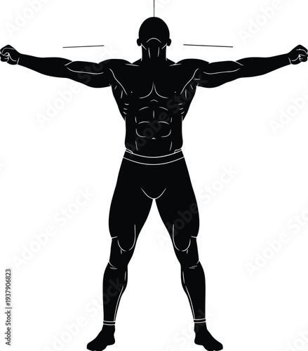 Black silhouette of a muscular male bodybuilder standing with arms outstretched in a powerful pose on a white background with subtle line accents