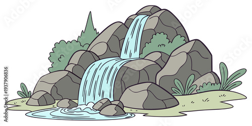 A serene waterfall cascading down moss-covered rocks in a lush forest setting. Vector