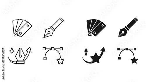 Graphic Design Icons: Pen Tool, Color Swatches, Vector Path, Star Creation