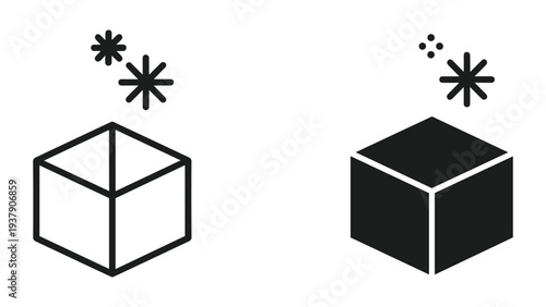 Cube Icon with Sparkles, Outline and Filled Versions, Vector Illustration
