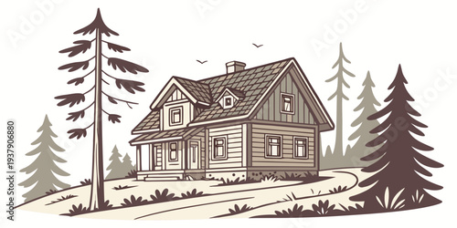 A charming rustic cabin nestled in the woods with a cozy fireplace and surrounded by tall trees Vector