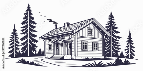 A charming single-story house nestled among tall pine trees in a serene woodland setting. Vector