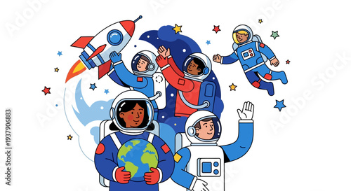 Diverse astronauts floating in space with rockets and stars surrounding them in a vibrant illustration