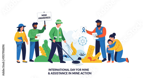 Diverse group of people working together for mine awareness and assistance action in a community environment from a front viewpoint