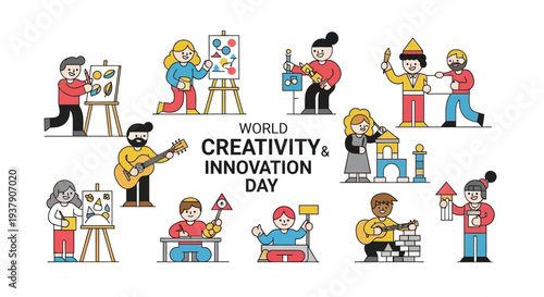 Celebrating World Creativity and Innovation Day with Artists at Work in a Vibrant Studio Environment from a Bird's Eye View Whisk_f24d896d239b25fafa6410842b5d5ba5dr.eps