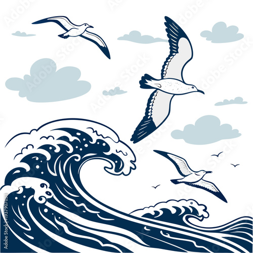 Three seagulls soaring over a powerful ocean wave with a cloudy sky Vector