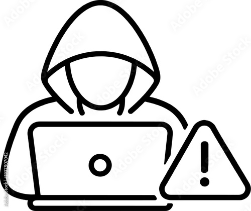 Minimalist Icon and Minimal Line Art Illustration of a Hacker with Laptop and Warning Sign, representing Cyber Security Threat, Data Breach, and Online Danger.