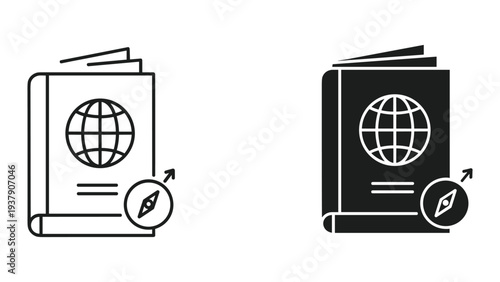 Passport and Compass Icon Set - Travel and Navigation Symbols