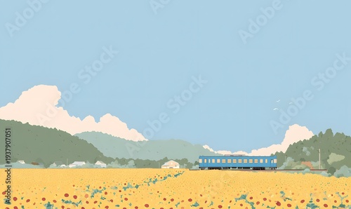 watercolor-style illustration of a nostalgic Japanese countryside in midsummer. In the foreground, a dense field of blooming sunflowers spreads widely across the landscape